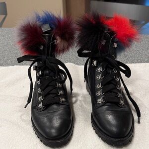 Rebecca Minkoff Black Combat Boots with Red and Blue Fox Fur size 7.